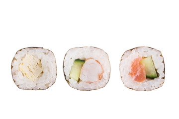 Sushi rolls isolated on white background. Collection. Close-up of delicious japanese food with sushi roll.