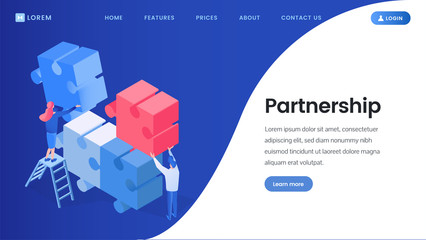 Partnership, teamwork isometric vector landing page