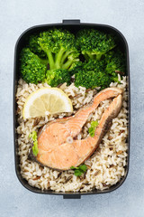 Wall Mural - Healthy lunch box with brown rice, broccoli and salmon.