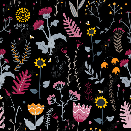 Vector nature seamless background with hand drawn wild herbs, flowers and lea...