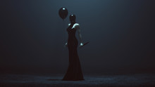 Futuristic Demon Woman With A Black Balloon And A Knife In A Futuristic Haute Couture Dress And Face Mask Abstract Demon Assassin 3 Quarter View Left 