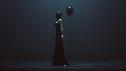 Futuristic Demon Woman With a Black Balloon In a Futuristic Haute Couture Dress and face Mask Abstract Demon Assassin Left View 3d illustration 3d render 