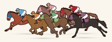 Group Of Jockeys Riding Horse, Sport Competition Cartoon Sport Graphic Vector