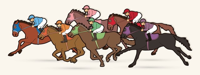 Wall Mural - Group of Jockeys riding horse, sport competition cartoon sport graphic vector