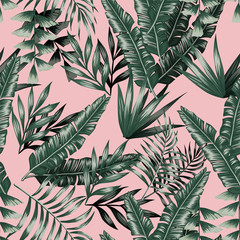 Wall Mural - Green tropical leaves with shadow seamless pink background