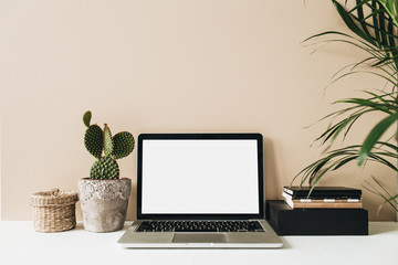 Wall Mural - Minimalist home office desk workspace with laptop, cactus, palm on beige background. Front view copy space blank mock up. Freelancer business template.