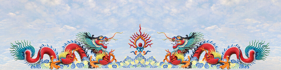  Panorama of twin colorful Chinese dragon on blue sky