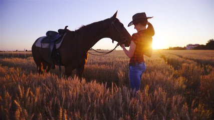 Cowgirl and western horse on wheat field at sunset