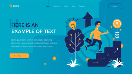 Businessman rises up the stairs. Website template on blue background. Home page layout. Vector illustration concepts for web and app development