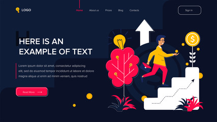 Businessman rises up the stairs. Website template on dark background. Home page layout. Vector illustration concepts for web and app development