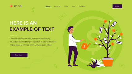 Businessman watering a money tree. Website template on green background. Home page layout. Vector illustration concepts for web and app development