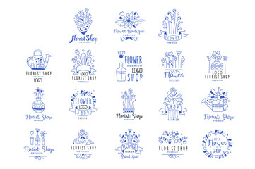 Wall Mural - Florist shop logo premium set, flower boutique badges hand drawn vector Illustrations in blue colors on a white background