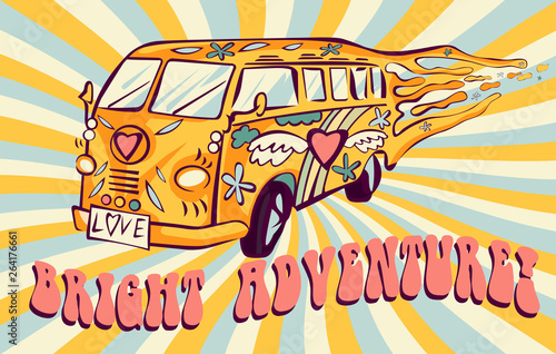 Fotografía Hippie car, mini van on rays background