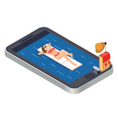 Sticker - Woman relaxing with swimming mattress on sea - mobile app isometric travel concept. Sea summer woman relax in water pool illustration