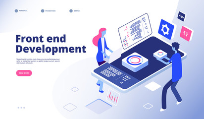 Front end development. Programmer develop computer website interface front-end graphics engineering programming landing vector page. Illustration of front-end development isometric programmer