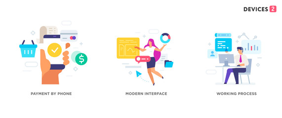 People use gadgets. set of icons, illustration. Smartphones tablets user interface social media.Flat illustration Icons infographics. Landing page site print poster.