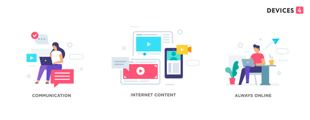 People use gadgets. set of icons, illustration. Smartphones tablets user interface social media.Flat illustration Icons infographics. Landing page site print poster.