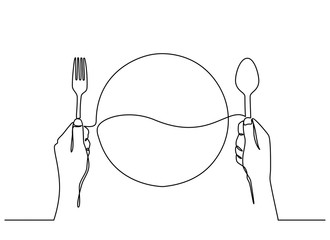 continuous line drawing of top view of the plate with hands holding a spoon and fork in the white background, ready to eat