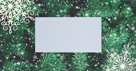 Wall Mural - Christmas background with fir branches, snowflakes and golden balls. Top view with letter and copy space.