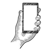 Smart Phone In Hand Sketch Engraving Vector Illustration. Scratch Board Style Imitation. Hand Drawn Image.
