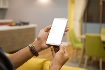 Wall Mural - Mockup smartphone on businessman hands empty display on home table with blur background. - Image - Image