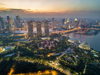 Wall Mural - aerial view of the singapore landmark financial business district at twilight sunset scene with skys