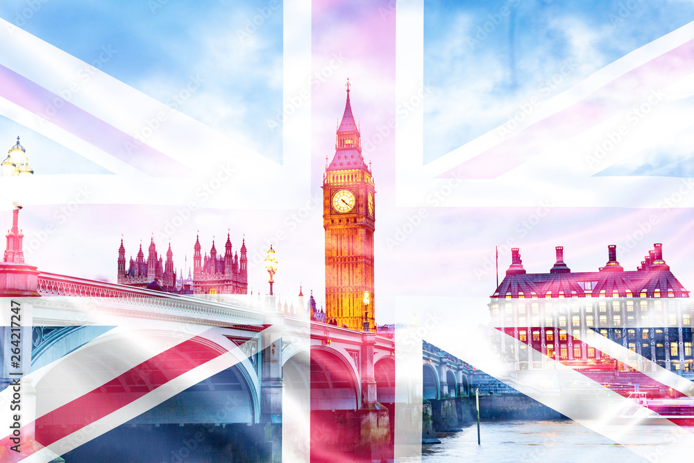 brexit concept - double exposure of UK landmarks and flag - obrazy, fototapety, plakaty 