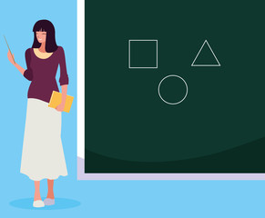 Poster - female teacher with textbook and chalkboard