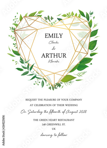 Wedding floral invite, invitation card design. Greenery plants, forest leaves...