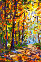 Vertical Painting Forest Wood Trees In Autumn Landscape - Oil Painting On Canvas Background Park Nature Art