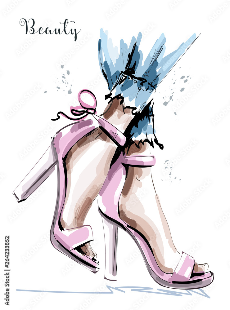 Hand drawn beautiful stylish pink shoes. Female legs in shoes with bows ...