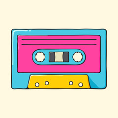 Retro audio cassette hand drawn pop art style illustration.