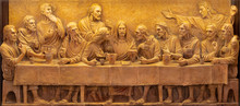TAORMINA, ITALY - APRIL 9, 2018: The Terracotta Relief Of Last Supper In Duomo (San Pancrazio) By Turi Azzolina (2014).