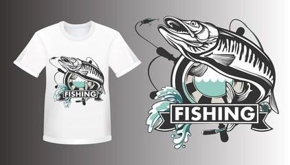 Wall Mural - Pike fishing emblem shirt. Pike fish logo vector. Outdoor fishing background theme. Angry fish logo.