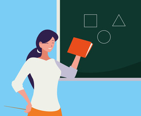 Poster - female teacher with textbook and chalkboard