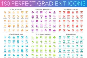 Wall Mural - 180 trendy perfect gradient icons set of cyber security, network technology, web development, digita