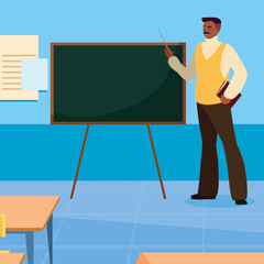 Poster - black teacher male with documents in the classroom