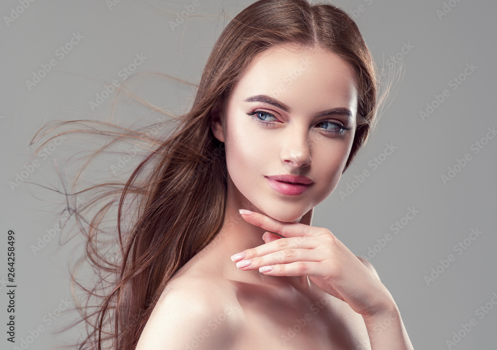 Beautiful brunette woman with long smooth hair beauty hairstyle female portrait - obrazy, fototapety, plakaty 