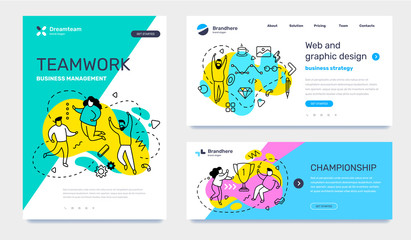 Vector set of template with business illustration with people on color background. Concept of teamwork, graphic design, championship with text