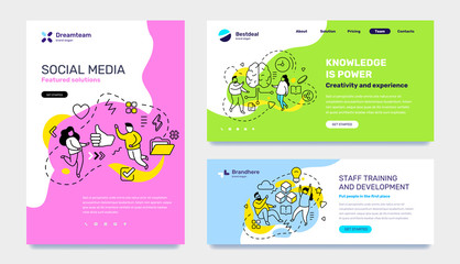 Vector set of template with business illustration with people on color background. Concept of social media, education, staff development with text