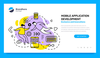 Vector business template with illustration of people with gadget adn device on color background. Mobile application development concept with text.