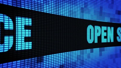 Wall Mural - open source front text scrolling on light blue digital led display board pixel light screen looped a