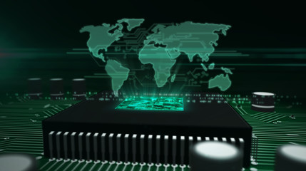 Wall Mural - cpu on board with world map hologram