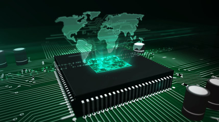 Wall Mural - cpu on board with world map hologram