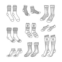 Black Engraved Socks Drawing. Winter Warm Christmas Stockings Set In Ink Hand Drawn Style Vector Illustration