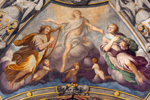 REGGIO EMILIA, ITALY - APRIL 12, 2018: The Fresco Glory Of Holy Prospero In Church Basilica Di San Prospero By  C. Manicardi, G. Ferrari And A. Lugli (1884-1885).