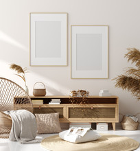 Mock Up Frame In Home Interior Background, Beige Room With Natural Wooden Furniture, Scandinavian Style, 3d Render