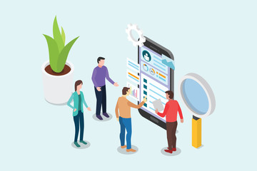 isometric ui and ux designer concept with team people working on smartphone and design page - vector