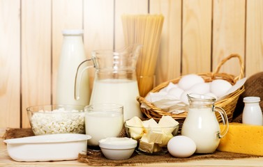 Poster - Dairy products collection on wooden table