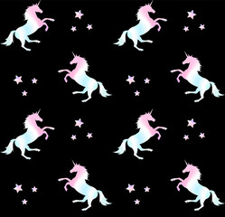 vector seamless unicorn horse stars holographic pattern isolated on black background